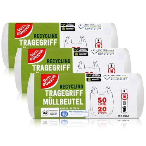 Gut & Günstig Tragegriff Müllbeutel 50L (20 Stück) - 3er Pack - Reißfest & Flüssigkeitsdicht - (3 x 20 Stück) von Gut & Günstig