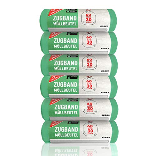 Gut & Günstig Zugband Müllbeutel 60L (30 Stück) - 6er Pack - Reißfest & Flüssigkeitsdicht (6x30 Stück) von Gut & Günstig