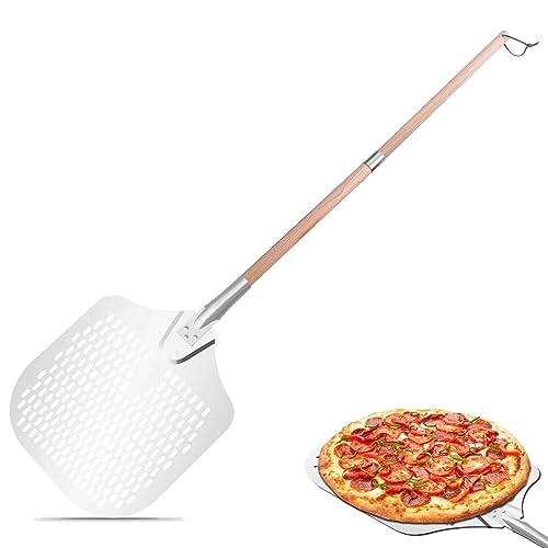 Gute Perforierter Pizzaschieber,Pizzaschaufel,Hart Aluminium Pizzawender,3 Set 138cm Lang,Große Pizzaschieber mit abnehmbarem langen Holzgriff, Pizzaheber für Backofen von Gute