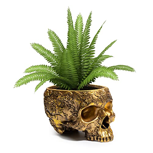 Gute Totenkopf-Pflanzentopf – 10,2 cm hoch, Polyresin-Schädel für Sukkulenten, Serviertablett, drinnen und draußen – Totenkopf-Servierschale, modernes Skelett, Heimdekoration, Gothic (Gold) von Gute