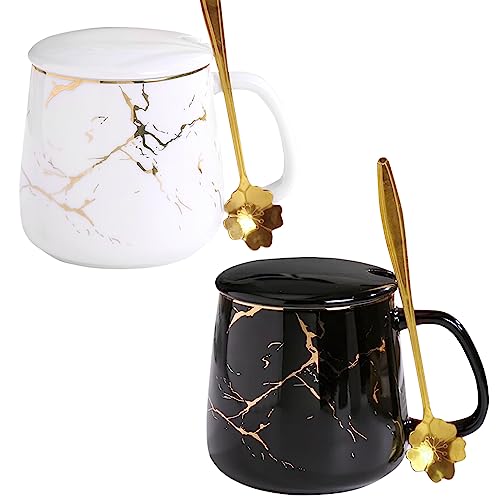 Kaffeetassen Set,2 Stück Tassen 380 ml aus Keramik,Espressotassen,Marmor Kaffeetassen für Tee Kaffee Milch Cappuccino,mit Löffe&Deckel,Frauen Geburtstage,Valentinstag, Muttertag,Hochzeit,Geschenke von Gute