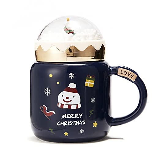 Weihnachtsbaum-Schneekugel Tasse mit Winter-Schneekugel-Deckel – Keramik, mikrowellen- und spülmaschinenfest – 400 ml Urlaubsbecher für Kaffee, Eierlikög – Frohe – blau, tolles Geschenk von Gute