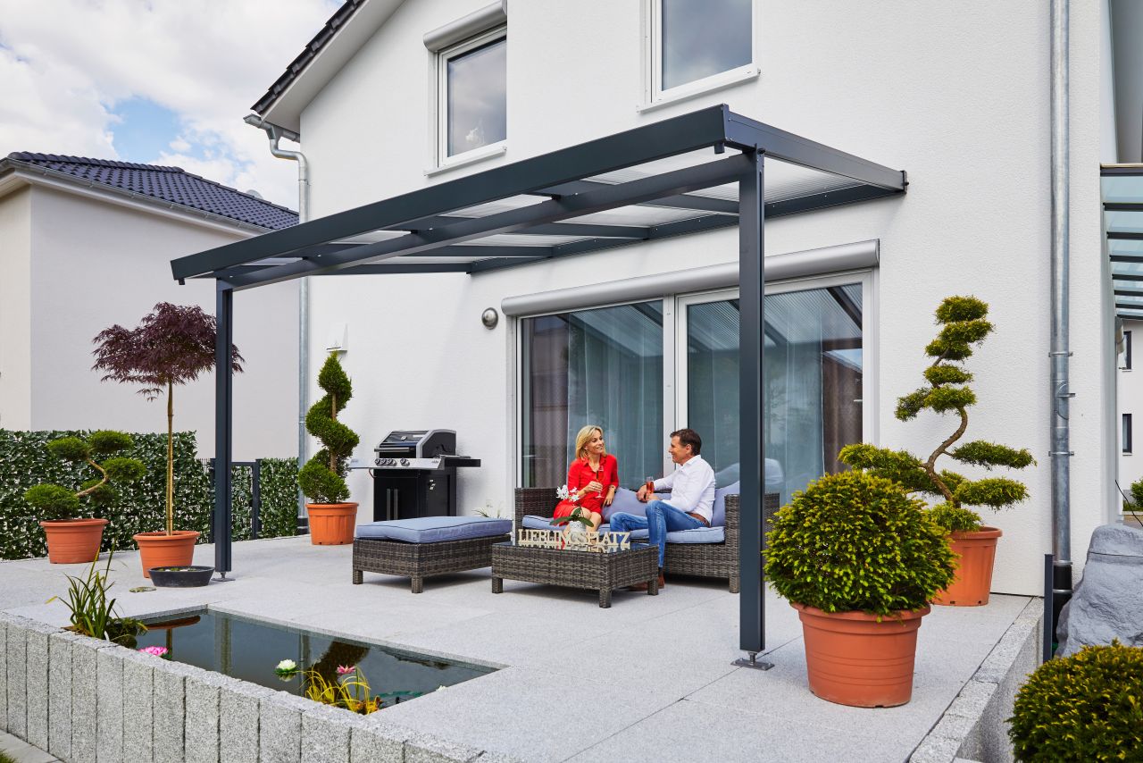 Gutta Premium Terrassendach 410,2 x 306 cm anthrazit Klima blue 16 mm von Gutta