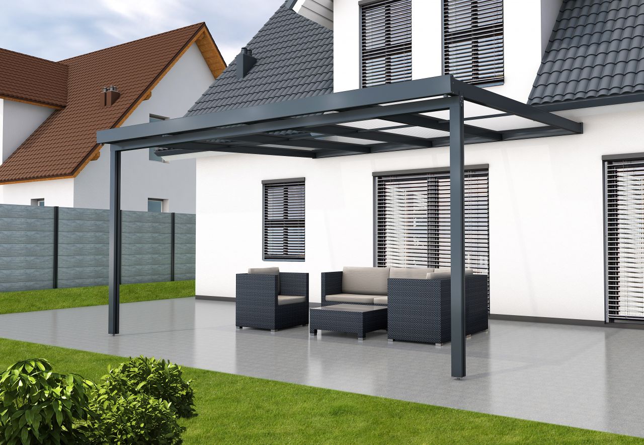 Gutta Premium Terrassendach 410,2 x 406 cm anthrazit Acryl bronce 16 mm von Gutta