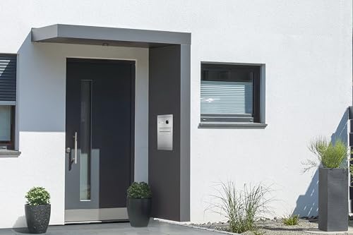 Gutta Rechteckvordach BS Plus 160 (SM) mit Seitenteil rechts - Anthrazit und BK Video Edelstahl mit Melder | Sondermaß: 100-199 x 50-90 x 15,5 cm und Seite 140-250 x 50-90 x 14,5 cm (BxTxH) von Gutta
