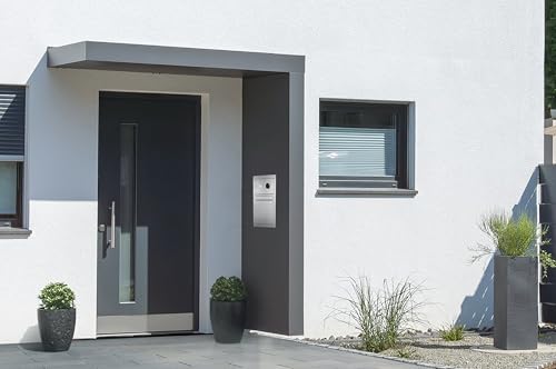 Gutta Rechteckvordach BS Plus 200 mit Seitenteil rechts - Sonderfarbe und BK Video Edelstahl | Maße: 200 x 90 x 15,5 cm und Seite 220 x 90 x 14,5 (BxTxH) von Gutta