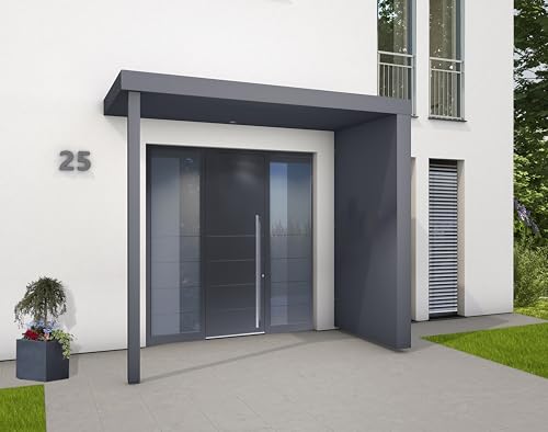 Gutta Rechteckvordach BS Plus XL (SM) mit Seitenteil re. + Pfosten - Anthrazit und BK Video Edelstahl mit Melder | Sondermaß: 201-250 x 90-125 x 15,5 cm und Seite 140-250 x 91-125 x 14,5 cm (BxTxH) von Gutta