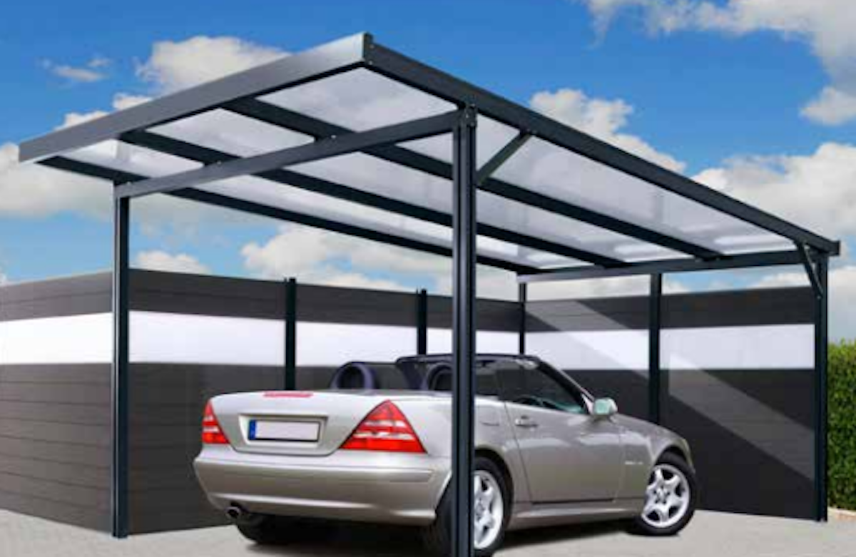 Gutta Seitenwand für Carport  WPC Dielen grau mit transparenter Polycarbonat Paneele Weiß von Gutta