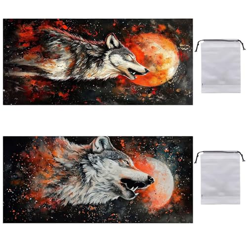 Strandtuch, 100 x 200 cm 2er Set Einseitig Strandhandtuch Groß, Schnell Trocknendes, Weiches, Pflegeleicht, Sandfreies Microfaser Handtücher für Reise Schwimmen Camping (Der Mond der Wolf) N-127 von Guuogxan