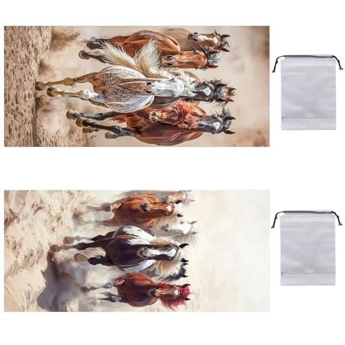 Strandtuch XXL 2er Set 75 x 150 cm, Groß Schnelltrocknendes Mikrofaser Handtuch, Sandfrei Badetuch, Summer Must Haves, für Damen Herren Reise Urlaub Schwimmen Sauna, mit Tasche (Tiere Pferde) B-947 von Guuogxan