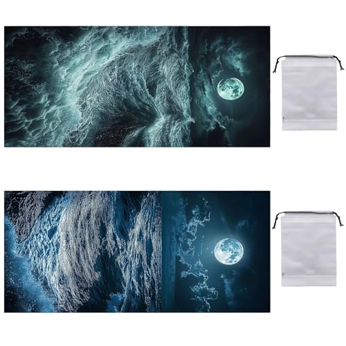 Strandtuch XXL 2er Set 90 x 180 cm, Groß Schnelltrocknendes Mikrofaser Handtuch, Sandfrei Badetuch, Summer Must Haves, für Damen Herren Reise Urlaub Schwimmen Sauna, mit Tasche (Mond Wellen) B-813 von Guuogxan