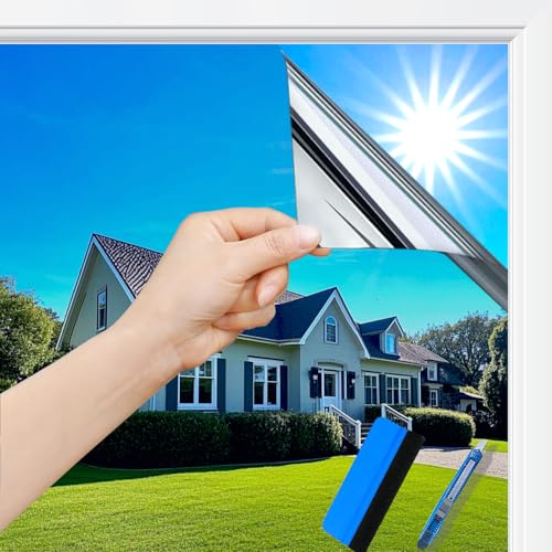 Guuteee(44.5X200cm Silber)Spiegelfolie Fenster Hitzeschutz | UV Folie Selbstklebend | Fensterfolie Sonnenschutz Hitzeschutz innen oder außen|Rückstandslose Thermofolie Fenster Gegen Hitze|Spiegelfolie von Guuteee