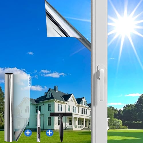 Guuteee(90X400cm Silber) UV-Schutz Sonnenschutzfolie Fenster innen oder außen/Spiegelfolie Fensterfolie Hitzeschutz/Rückstandslose Thermofolie Hitzeschutzfolie Fenster von Guuteee
