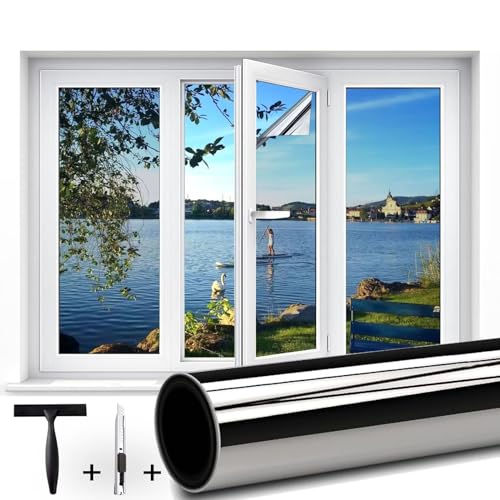 Guuteee Spiegelfolie Fenster Sichtschutz 60x200cm UV-Schutz Sonnenschutzfolie Fenster außen oder innen Selbstklebend Fensterfolie Sonnenschutz ohne Rückstände Thermofolie Fenster Gegen Hitze von Guuteee