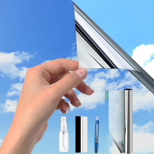 Silber(44.5X200cm) Spiegelfolie Fenster Hitzeschutz |UV Folie Selbstklebend |Fensterfolie Sonnenschutz Hitzeschutz innen oder außen|Rückstandslose Thermofolie Hitzeschutzfolie Fenster| von Guuteee
