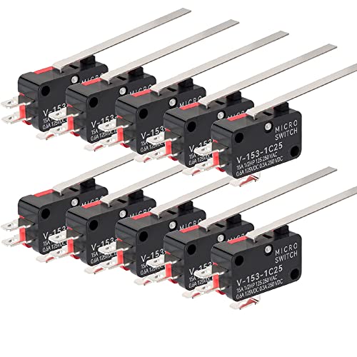 GUUZI 10 Stück V-153-1C25 Momentaner Mikro-Endschalter, Langer, Gerader Scharnierhebelarm, SPDT-Schnappschalter für Arduino GUUZI 10 Stück V-153-1C25 Momentaner Mikro-Endschalter, Langer, Gerader Scharnierhebelarm, SPDT-Schnappschalter für Arduino von Guuzi