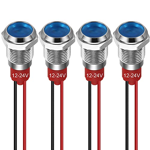 GUUZI 10 mm LED Anzeigeleuchte 12-24 V Wasserdichte Signalleuchte Metallplatte LED Anzeige Signalleuchte Plattenmontage Flachkopf mit Drähten Silbergehäuse (Blau, 4 Stück) von Guuzi