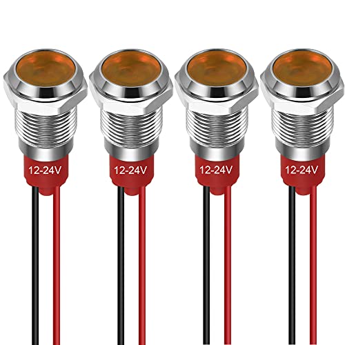 GUUZI 10 mm LED Anzeigeleuchte 12-24 V wasserdichte Signalleuchte Metallplatte LED Anzeige Signalleuchte Plattenmontage Flachkopf mit Drähten Silbergehäuse (Gelb, 4 Stück) von Guuzi