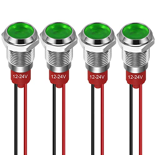 GUUZI 10 mm LED Anzeigeleuchte 12-24 V wasserdichte Signalleuchte Metallplatte LED Anzeige Signalleuchte Plattenmontage Flachkopf mit Drähten Silbergehäuse (Grün, 4 Stück) von Guuzi