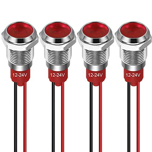 GUUZI 10 mm LED Anzeigeleuchte 12-24 V wasserdichte Signalleuchte Metallplatte LED Anzeige Signalleuchte Plattenmontage Flachkopf mit Drähten Silbergehäuse (Rot, 4 Stück) von Guuzi