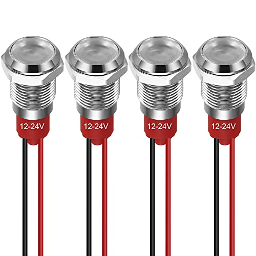 GUUZI 10 mm LED Anzeigeleuchte 12-24 V wasserdichte Signalleuchte Metallplatte LED Anzeige Signalleuchte Plattenmontage Flachkopf mit Drähten Silbergehäuse (Weiß, 4 Stück) von Guuzi