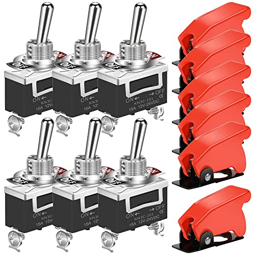 GUUZI 10A/12VDC, 6A/24VDC Hochleistungs Wippschalter SPST 2-pin EIN-/Aus Schalter, Metallstange mit Roter Flugzeug Sicherheitsabdeckung – 6 Stück von Guuzi