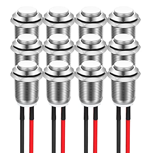 GUUZI 12 Stück 12mm 2A 12V/24V/125V/250V AC Momentary Druckknopf Metallgehäuse mit Vorverkabelung, IP65 Wasserdichter Druckknopf (Hoher Kopf) von Guuzi