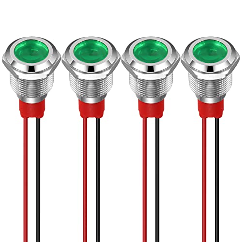 GUUZI 12 mm LED Anzeigeleuchte 12-24 V wasserdichte Signalleuchte Metallplatte LED Anzeige Signalleuchte Plattenmontage Flachkopf mit Drähten Silbergehäuse (Grün, 4 Stück) von Guuzi
