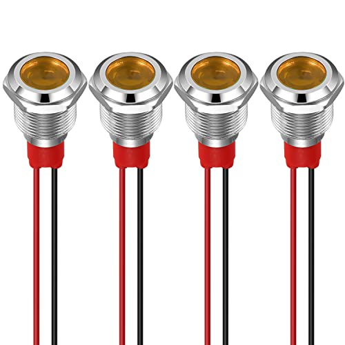 GUUZI 12 mm LED Anzeigeleuchte 12-24 V wasserdichte Signalleuchte Metallplatte LED Anzeige Signalleuchte Plattenmontage Flachkopf mit Drähten Silbergehäuse (Gelb, 4 Stück) von Guuzi