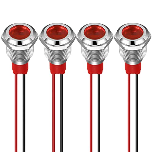 GUUZI 12 mm LED Anzeigeleuchte 12-24 V Wasserdichte Signalleuchte Metallplatte LED Anzeige Signalleuchte Plattenmontage Flachkopf mit Drähten Silbergehäuse (Rot, 4 Stück) von Guuzi