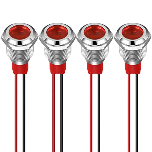 GUUZI 12 mm LED Anzeigeleuchte 12-24 V wasserdichte Signalleuchte Metallplatte LED Anzeige Signalleuchte Plattenmontage Flachkopf mit Drähten Silbergehäuse (Rot, 4 Stück) von Guuzi