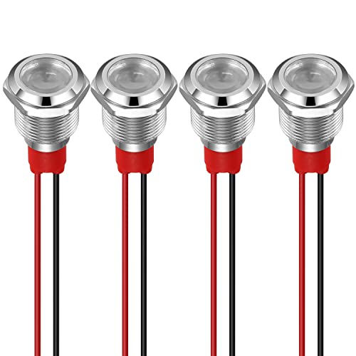 GUUZI 12 mm LED Anzeigeleuchte 12-24 V wasserdichte Signalleuchte Metallplatte LED Anzeige Signalleuchte Plattenmontage Flachkopf mit Drähten Silbergehäuse (Weiß, 4 Stück) von Guuzi