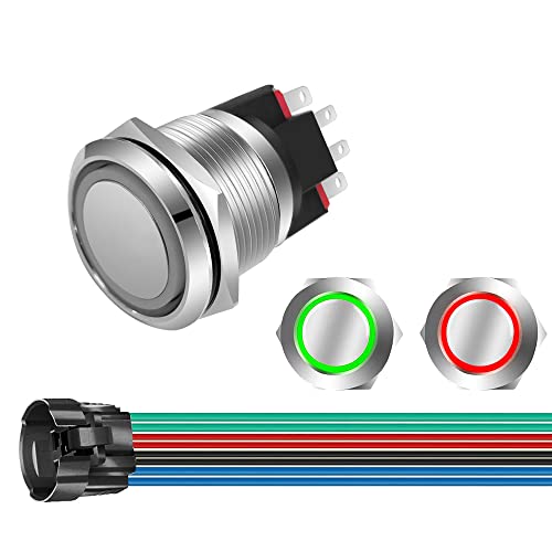 GUUZI 12V-24V/10A Momentan-Drucktaster NO/NC, Wasserfest, Grün/Rotes LED-Licht, Beleuchtet, 22mm Power Start Drucktaster aus Metall mit Buchsenstecker von Guuzi