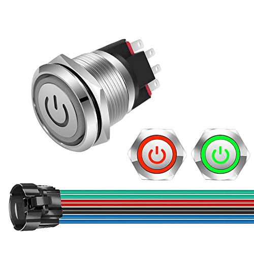 GUUZI 12V-24V/10A Selbstverriegelung Druckknopfschalter NO/NC Wasserdichtes Grünes/Rotes LED-Licht Beleuchteter 22mm-Metall-Power-Start-Drucktaster mit Steckdosensteckerkabel von Guuzi