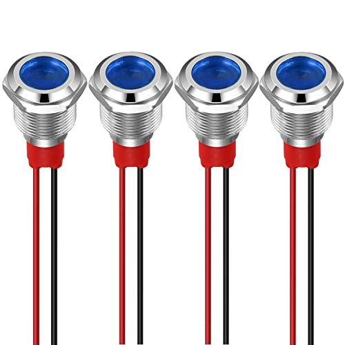 GUUZI 12mm 4 Stück 12–24V LED-Anzeigeleuchte wasserdichte Signalleuchte Metallplatte LED-Anzeige Signalleuchte Panelmontage Flachkopf mit Drähten Silbernes Gehäuse (Blau) von Guuzi