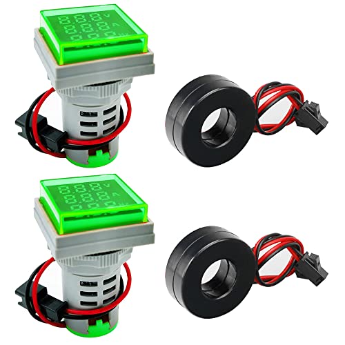 GUUZI 2 Stück 22mm Dreistellige Anzeige Wechselstrom 20–500V, Spannung 0–100A, Frequenz 20–70Hz Anzeige, Quadratischer LED-Multifunktions-Messinstrumentenmonitor (Grün) von Guuzi