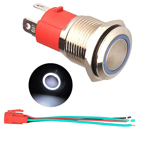 GUUZI 220V/15A Momentan-Drucktaster, NO Wasserdichter, Weißer, mit LED-Licht Beleuchteter 19mm Power Start Drucktaster aus Metall mit Steckdosenkabel von Guuzi