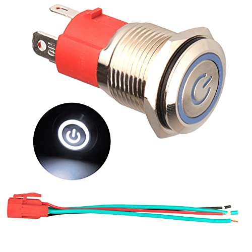 GUUZI 220V/15A Selbstverriegelung Druckknopfschalter NO Wasserdichtes Weißes LED-Licht Beleuchteter 19mm Metall-Power-Start-Druckknopf mit Steckdosensteckerkabel von Guuzi