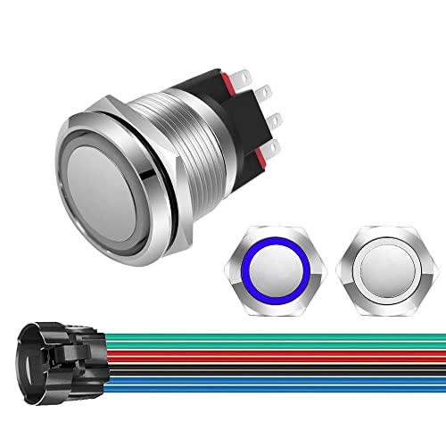 GUUZI 220V-230V/10A Momentan-Drucktaster NO/NC, Wasserdicht, Blau/Weiß, LED-Licht, Beleuchtet, 22mm Metall Power Start Drucktaster mit Buchsenstecker von Guuzi