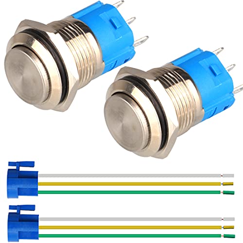 GUUZI 2pcs 19MM Verriegelnder Wasserdichter Edelstahl-Metalldruckknopfschalter 12V 24V 36 DC 110V 250V AC 3A 1NO+1NC SPST (Flacher Hoher Kopf) von Guuzi