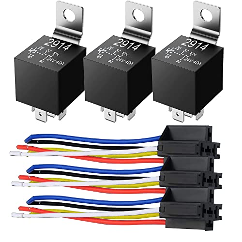 GUUZI 3 Pack 24V 40Amp Autorelais DC 5 Pin SPDT und Kabelbaum – Hochleistungs Kupferdraht Relais Kit für Auto, LKW, Van, Motorrad, Boot von Guuzi