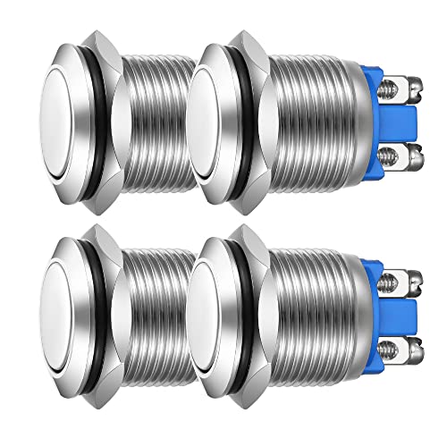 GUUZI 4 Stück 19mm Momentan-Drucktaster 3A/250 VAC 5A/12V DC Wasserdichter Power-Drucktaster, Klein Rund Chrom Edelstahl Metall 2-polig Schließer (Flachkopf) von Guuzi
