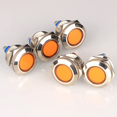 GUUZI 5 Stück LED-Metallanzeigeleuchte wasserdichte Signallampe 12V-24V 19mm mit Draht (Gelb) von Guuzi