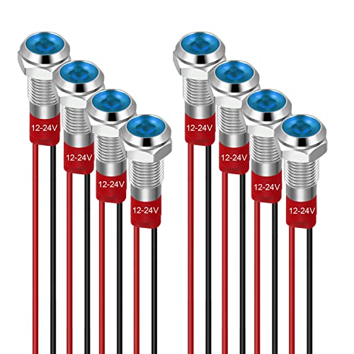 GUUZI 6 mm LED Anzeigeleuchte 12–24 V wasserdichte Signalleuchte Metallplatte LED-Anzeige Signalleuchte Plattenmontage Flacher Kopf mit Drähten Silbergehäuse (Blau, 8 Stück) von Guuzi
