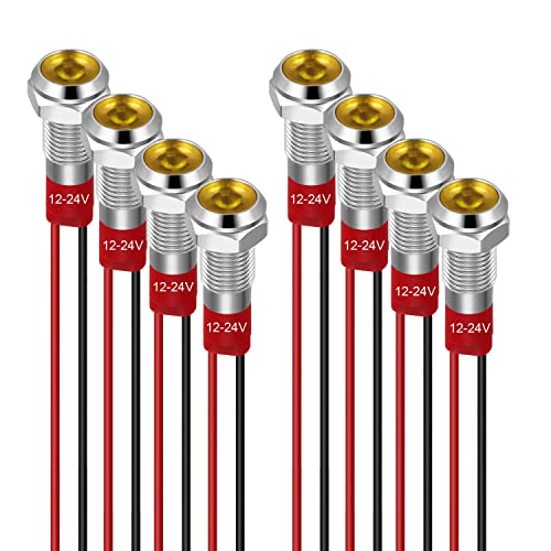 GUUZI 6 mm LED Anzeigeleuchte 12–24 V wasserdichte Signalleuchte Metallplatte LED-Anzeige Signalleuchte Plattenmontage Flacher Kopf mit Drähten Silbergehäuse (Gelb, 8 Stück) von Guuzi