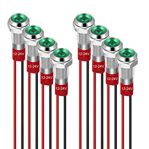 GUUZI 6 mm LED Anzeigeleuchte 12–24 V wasserdichte Signalleuchte Metallplatte LED-Anzeige Signalleuchte Plattenmontage Flacher Kopf mit Drähten Silbergehäuse (Grün, 8 Stück) von Guuzi