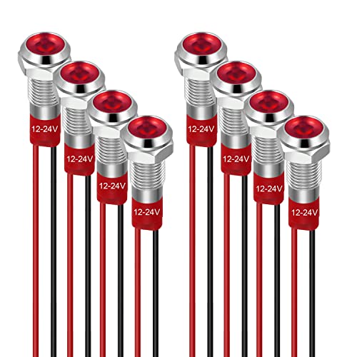 GUUZI 6 mm LED Anzeigeleuchte 12–24 V wasserdichte Signalleuchte Metallplatte LED-Anzeige Signalleuchte Plattenmontage Flacher Kopf mit Drähten Silbergehäuse (Rot, 8 Stück) von Guuzi