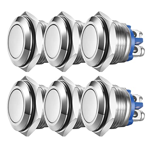 GUUZI 6 Stück 16mm Momentan-Drucktaster 3A/250 VAC 5A/12V DC Wasserdichter Power Drucktaster Klein Rund Chrom Edelstahl Metall 2-polig Schließer (Flachkopf) von Guuzi
