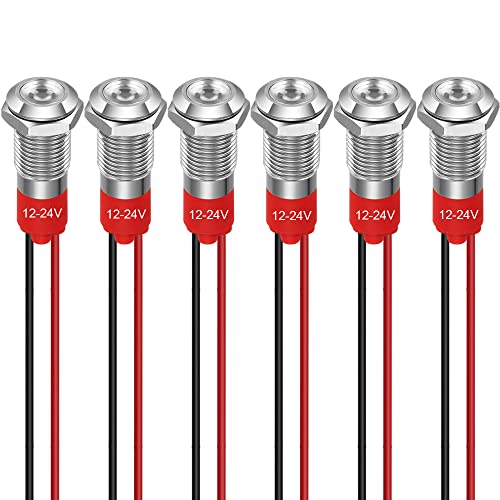 GUUZI 8 mm LED Anzeigeleuchte 12-24V Wasserdichte Signalleuchte Metallplatte LED Anzeige Signalleuchte Plattenmontage Flachkopf mit Drähten Silbergehäuse (Weiß, 6 Stück) von Guuzi