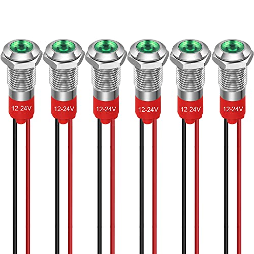 GUUZI 8 mm LED Anzeigeleuchte 12-24V wasserdichte Signalleuchte Metallplatte LED Anzeige Signalleuchte Plattenmontage Flachkopf mit Drähten Silbergehäuse (Grün, 6 Stück) von Guuzi